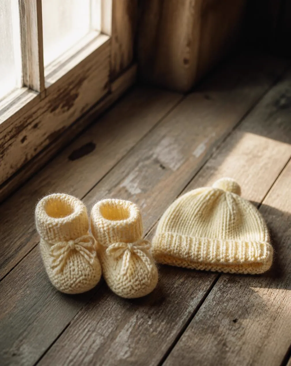 Baby booties and matching hat in cream and pale yellow on a wood floor