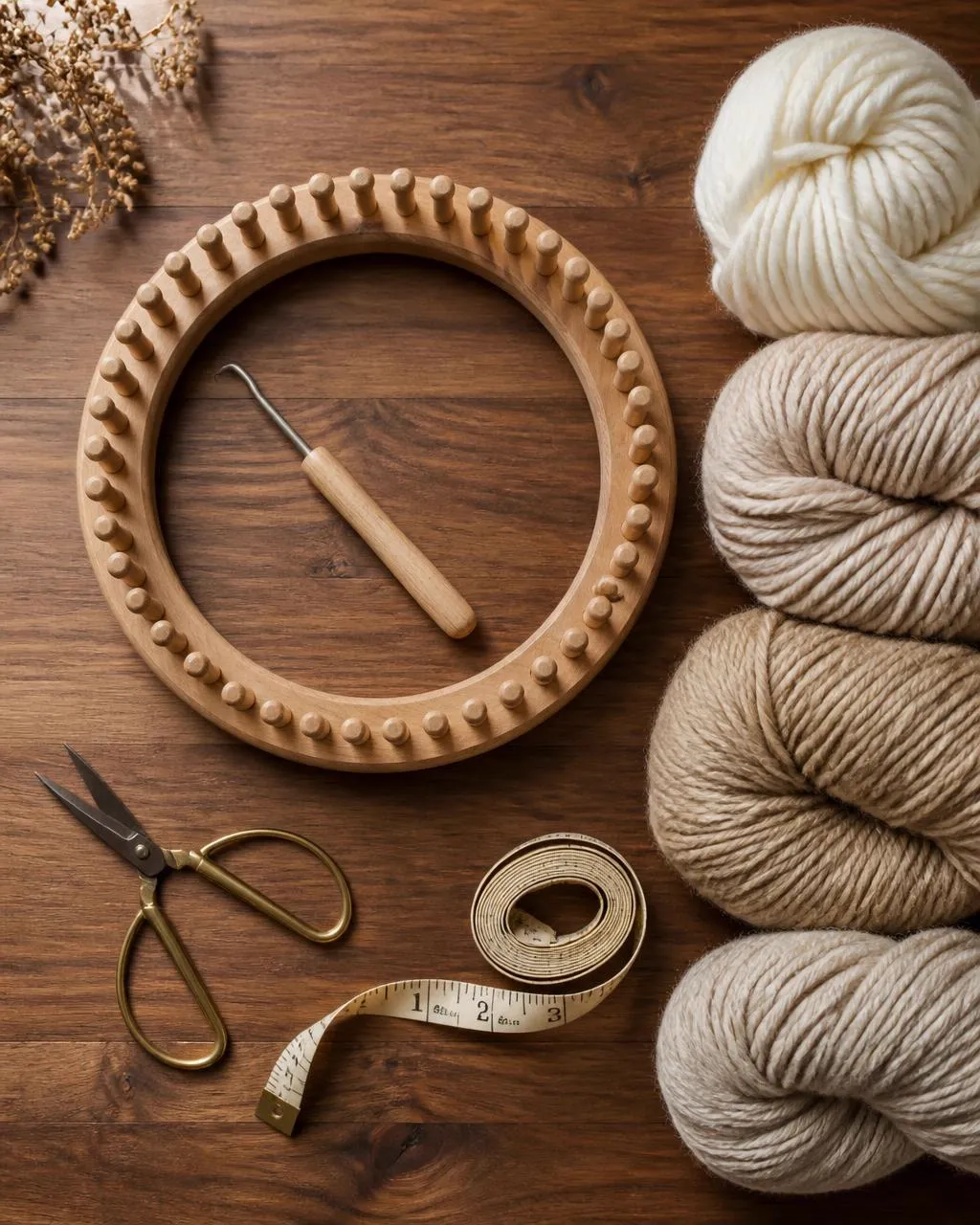Overhead view of a round wooden loom, hook, scissors and neutral cream yarn skeins on walnut wood