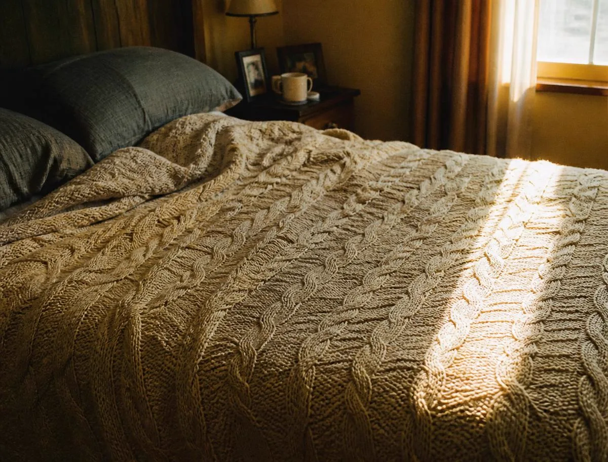 A cream cable knit blanket across a sunlit bed