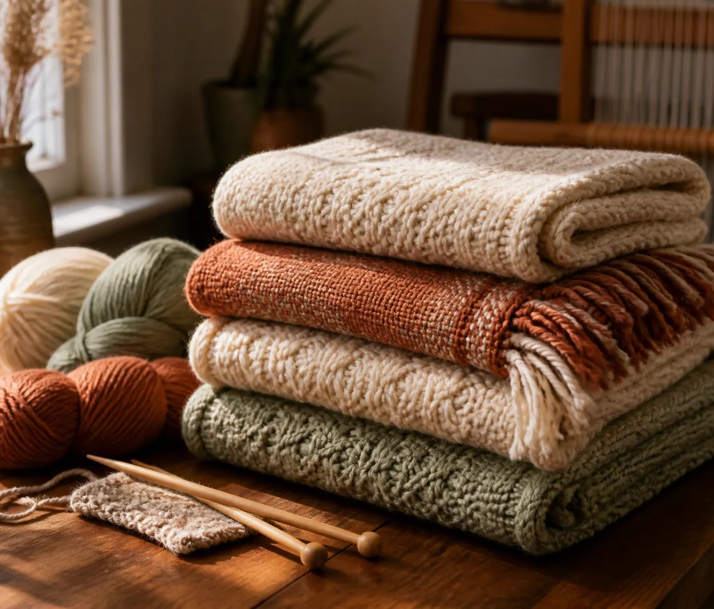 Folded handmade blankets in cream, terracotta and sage stacked on a walnut table beside yarn skeins and wooden needles