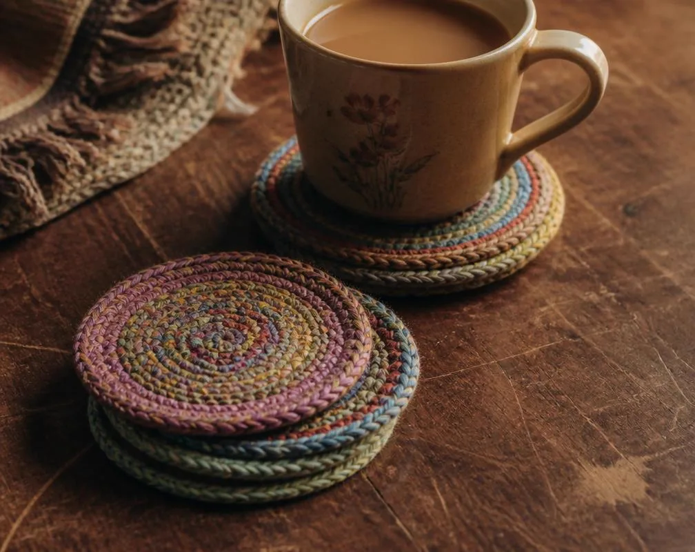 A stack of loomed cup coasters with a mug of tea on top