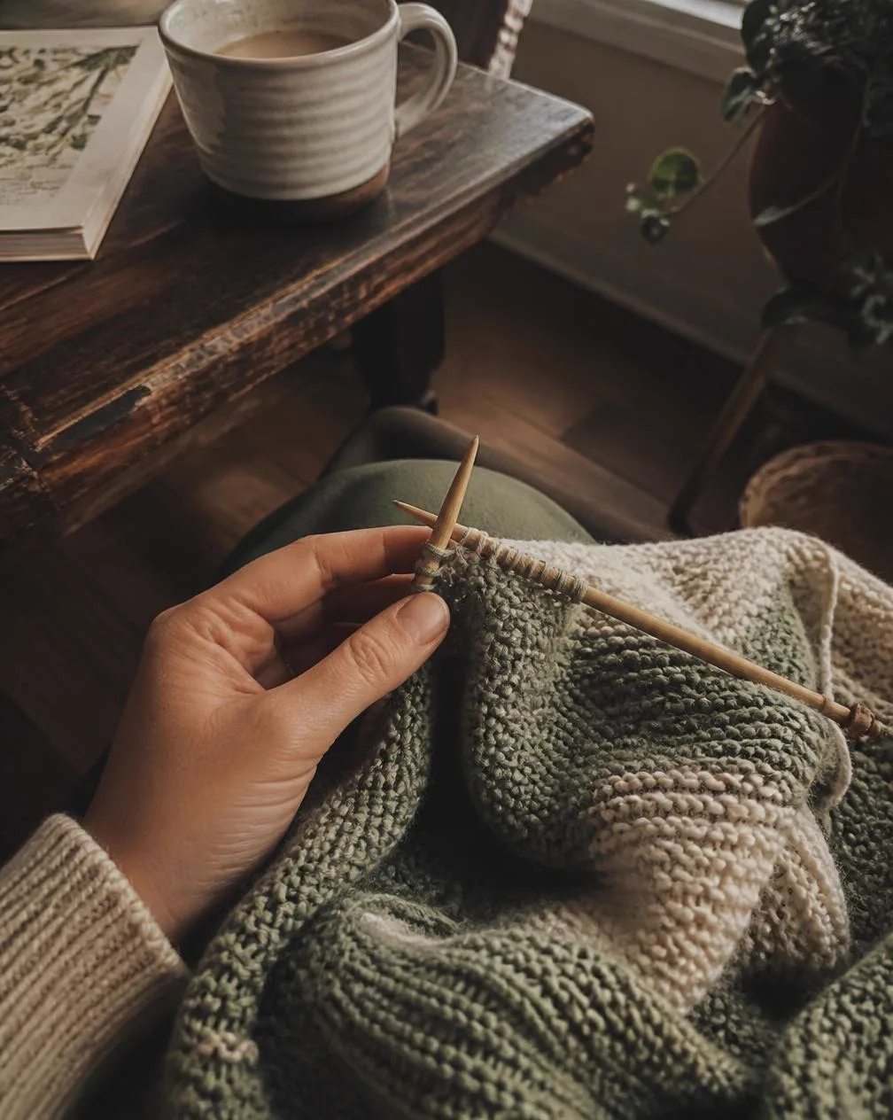 Wooden knitting needles mid stitch in a sage and cream blanket