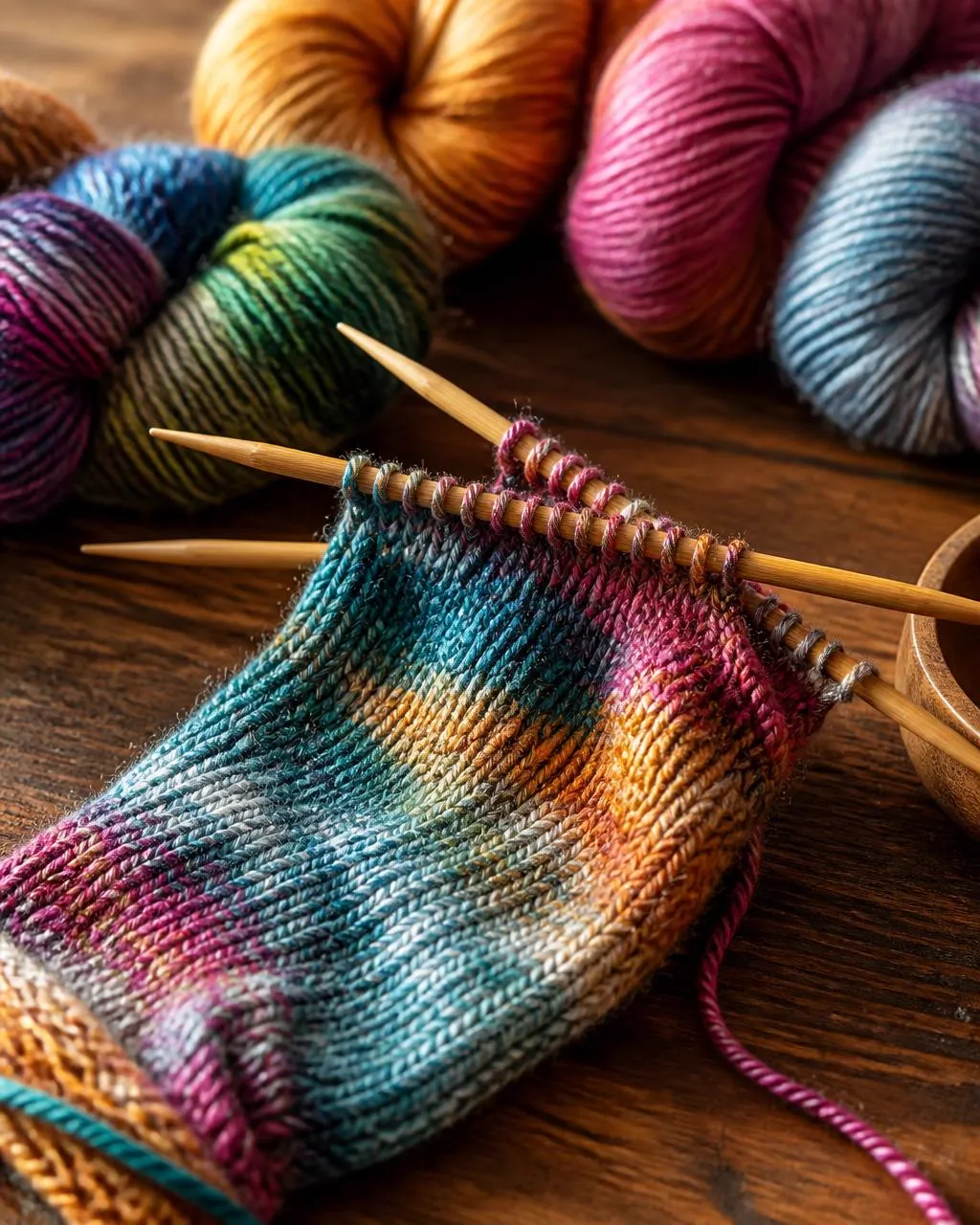 Close up of a work in progress knit piece on three bamboo needles with rainbow yarn skeins