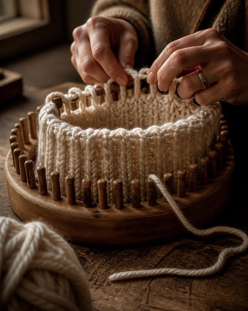 Hands lifting loops off a round wooden knitting loom