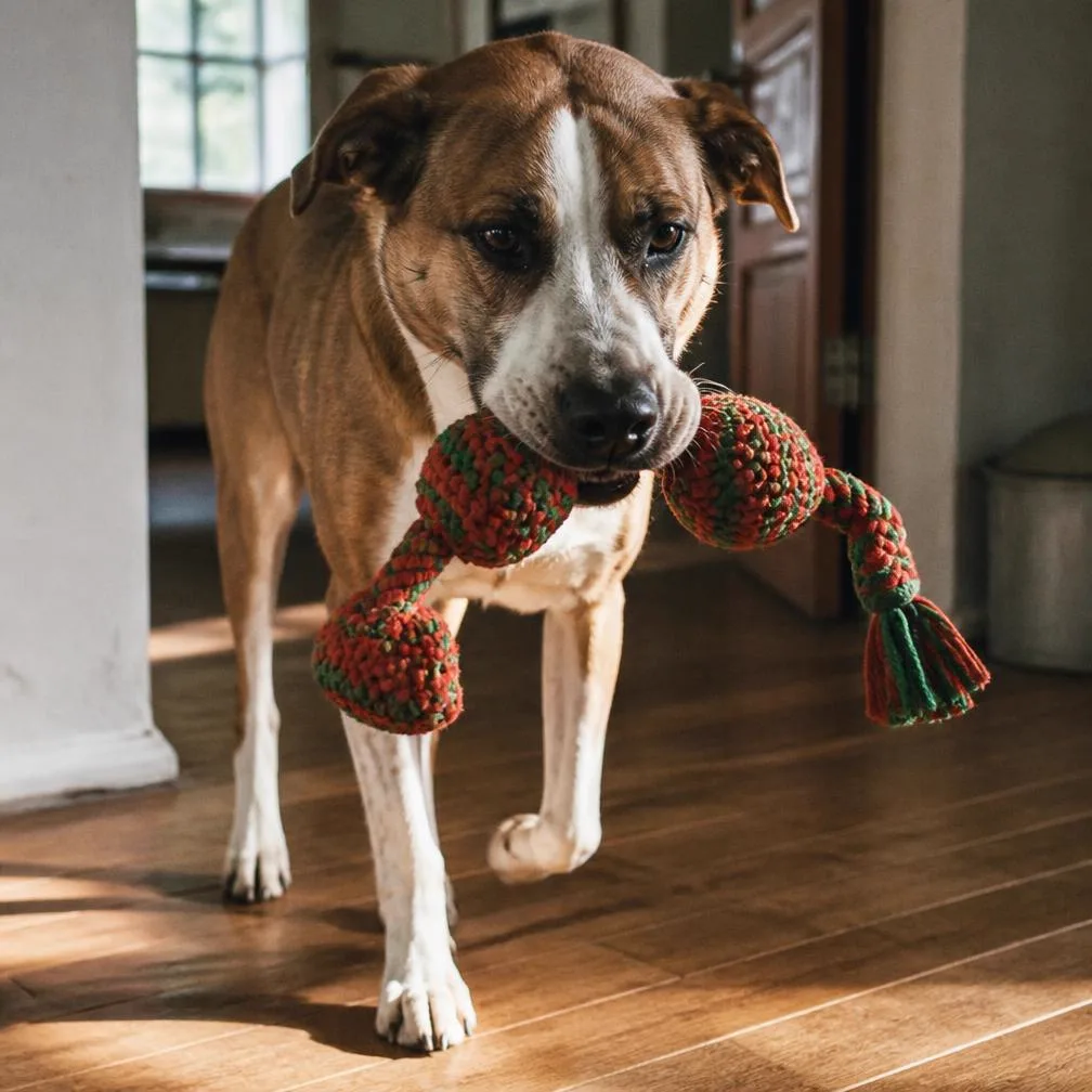 A dog carrying a crocheted rope toy in red and green