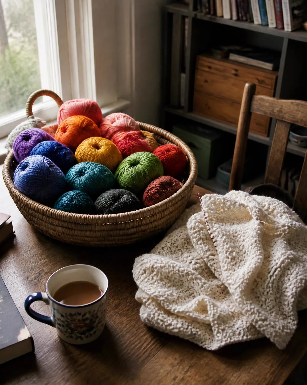 A basket of rainbow yarn beside a half finished cream blanket on a worn wood table