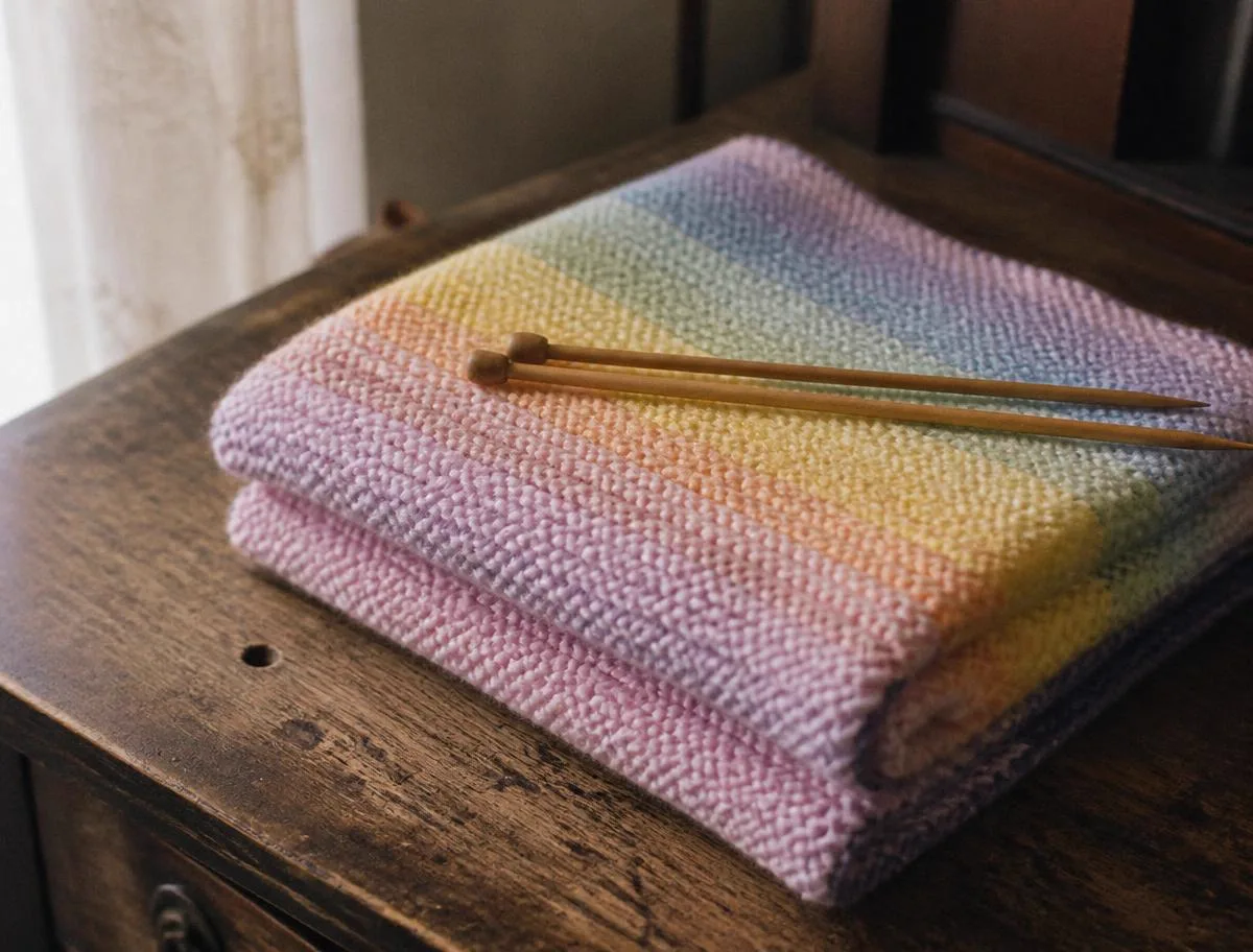 A pastel rainbow knit baby blanket with wooden needles
