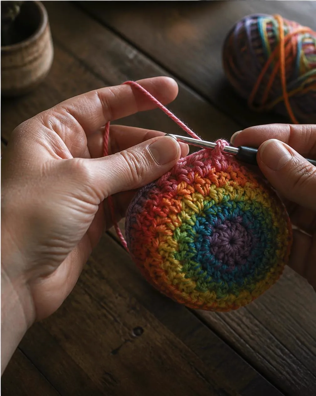 A crochet hook mid stitch in bright rainbow cotton yarn