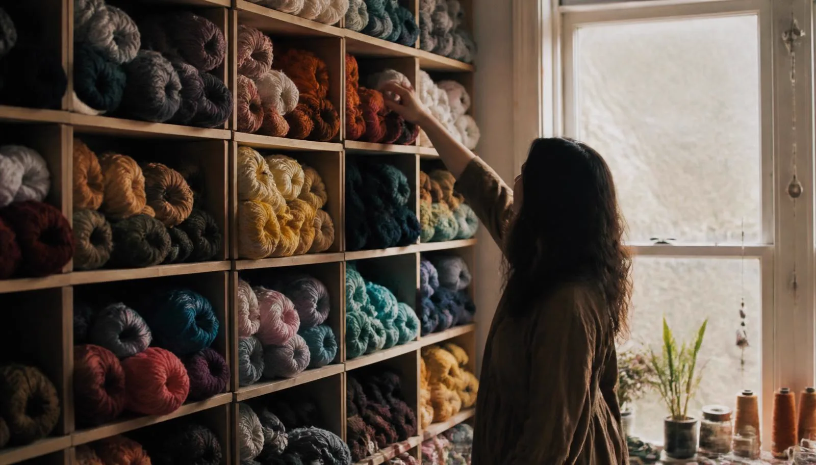 A wall of shelved yarn skeins beside a sunlit window