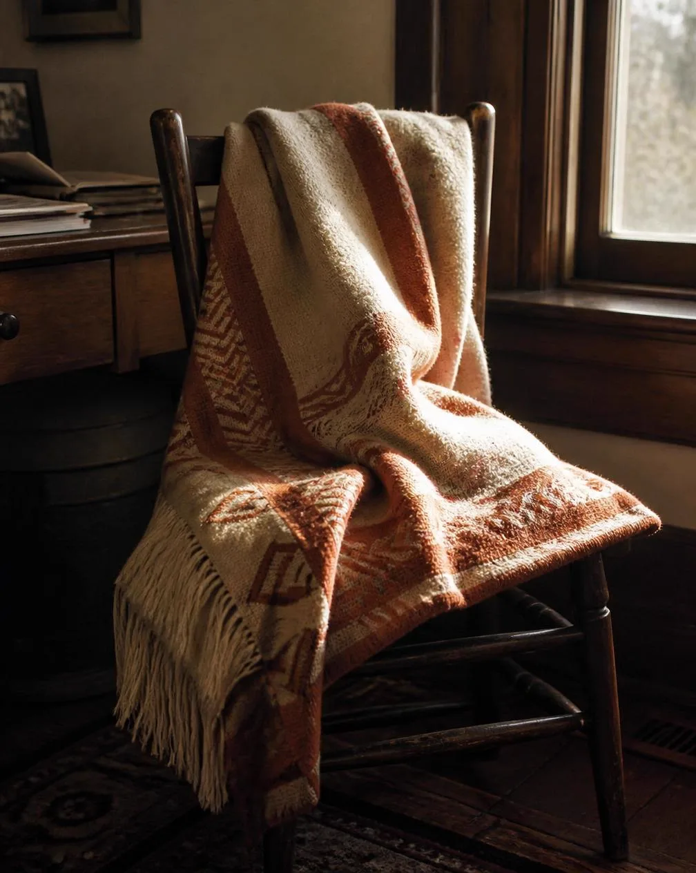 A cream and terracotta loomed blanket over an old wooden chair