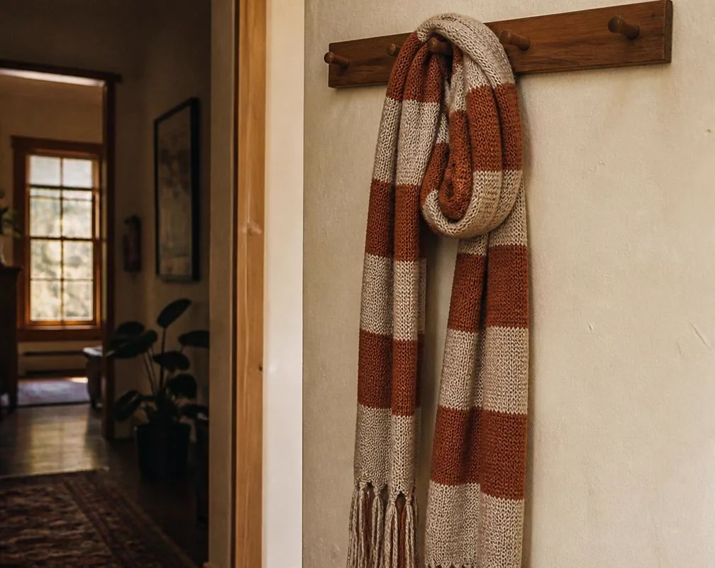 A rust and cream striped loomed scarf on a wooden wall hook
