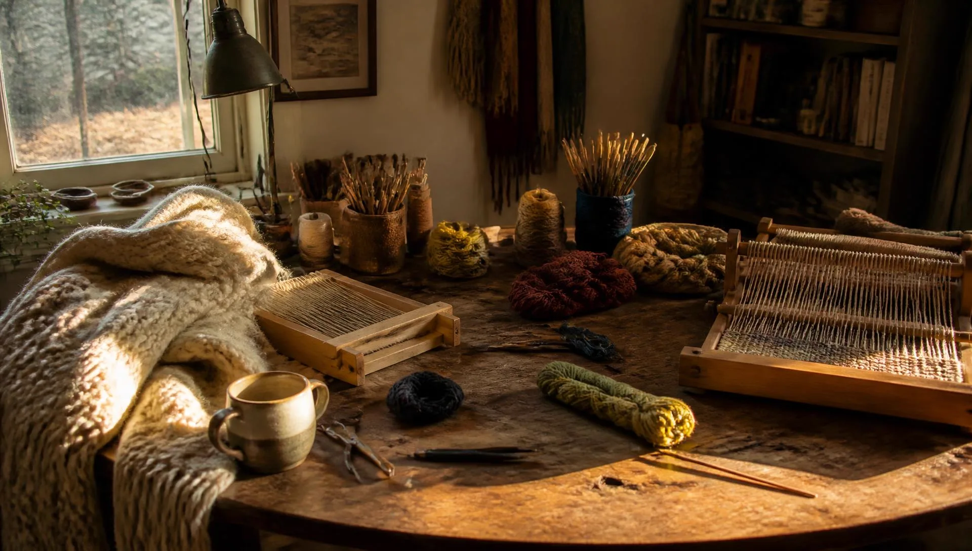 A lived in craft table by a window covered with looms, hooks, yarn and a mug of tea