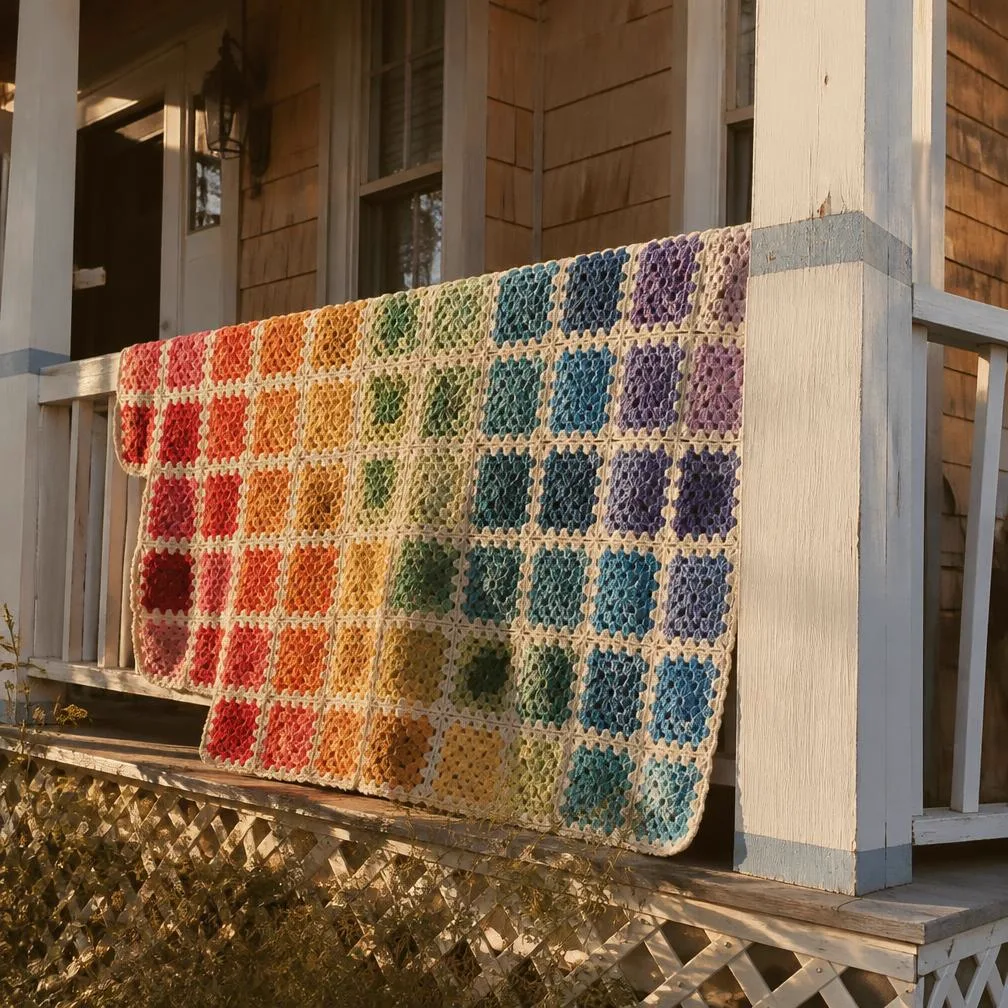 A rainbow granny square blanket over a porch railing
