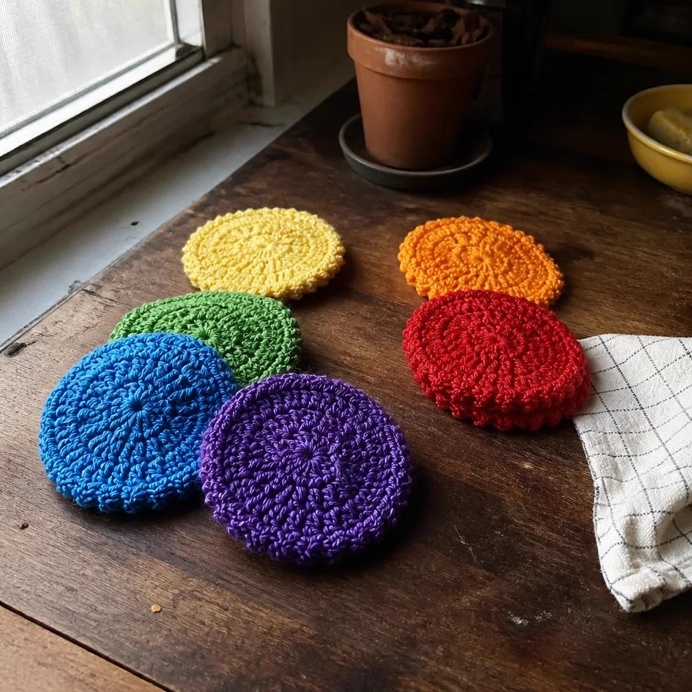 Round crochet dish scrubbies in rainbow cotton