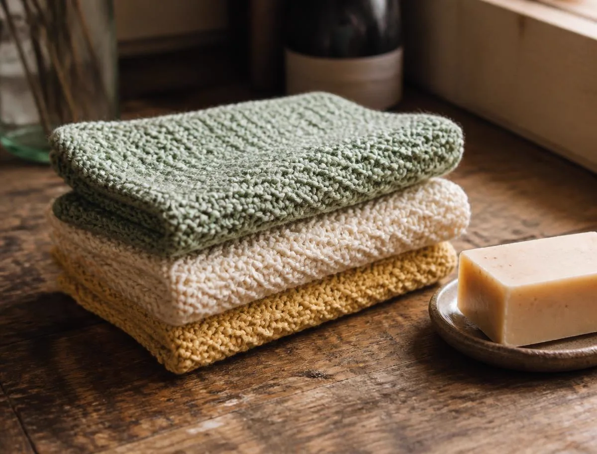 Folded knit wash cloths in sage, cream and yellow