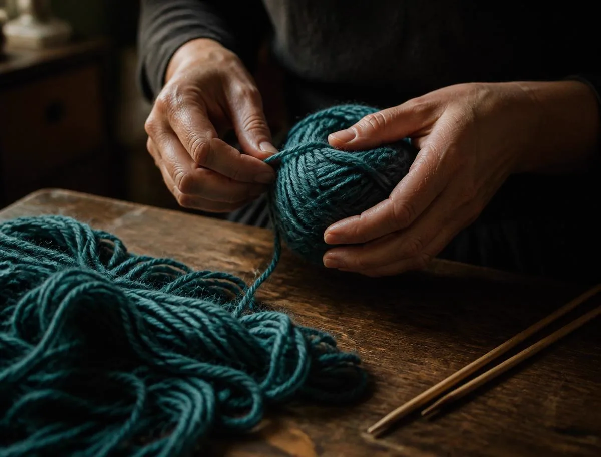 Hands winding teal wool into a ball