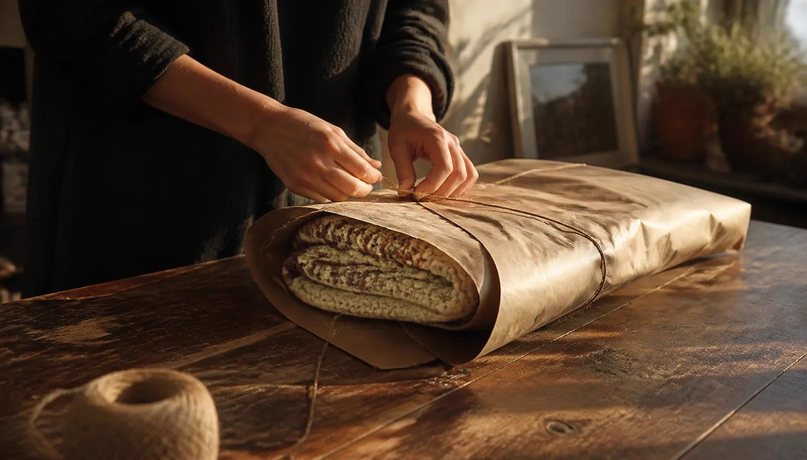 Hands wrapping a finished blanket in brown paper and twine