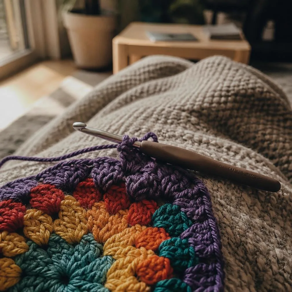 A half finished rainbow granny square with a crochet hook