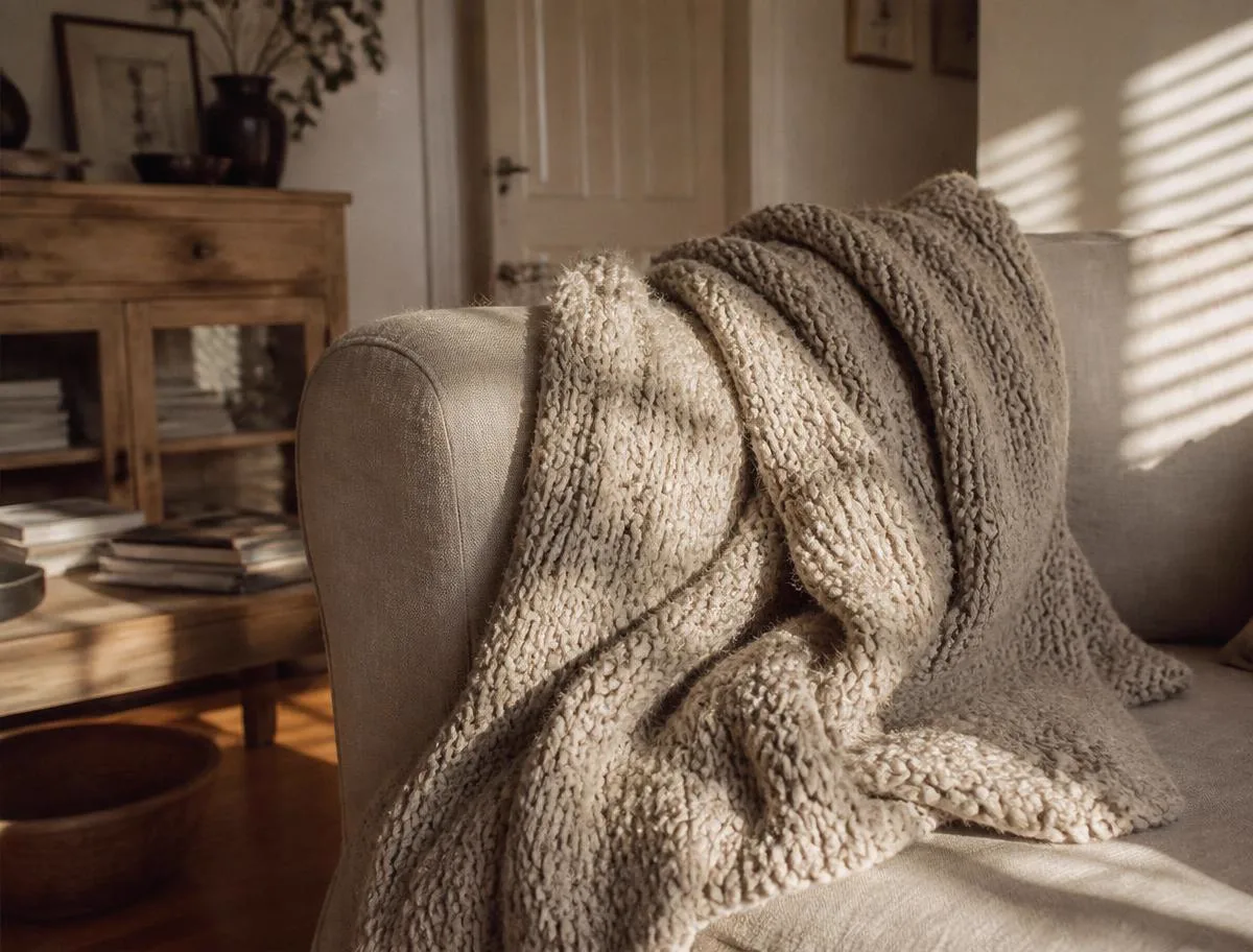 A chunky oatmeal knit throw over a linen sofa